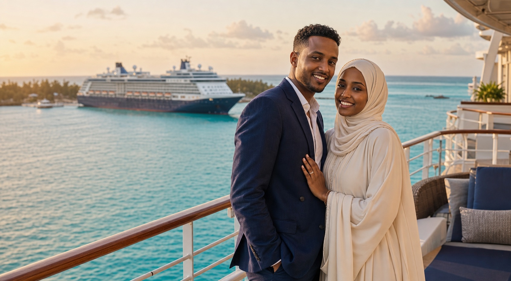 Somali husband and wife overlooking turquoise Bahamas water and a cruise ship