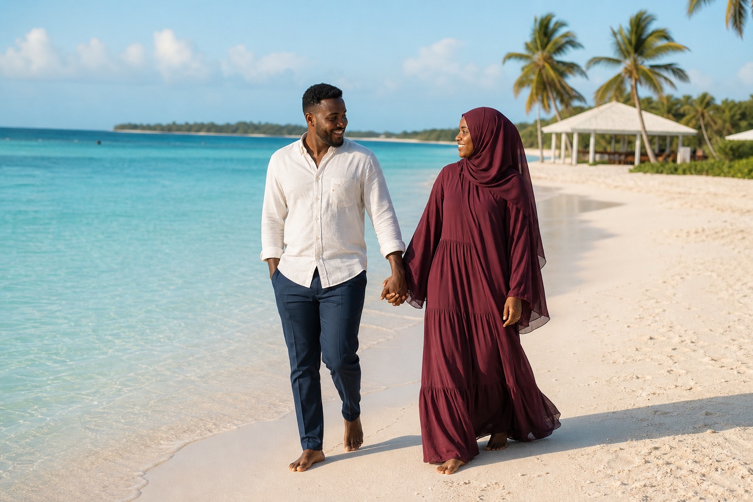 Somali husband and wife walking hand in hand on a Bahamas beach
