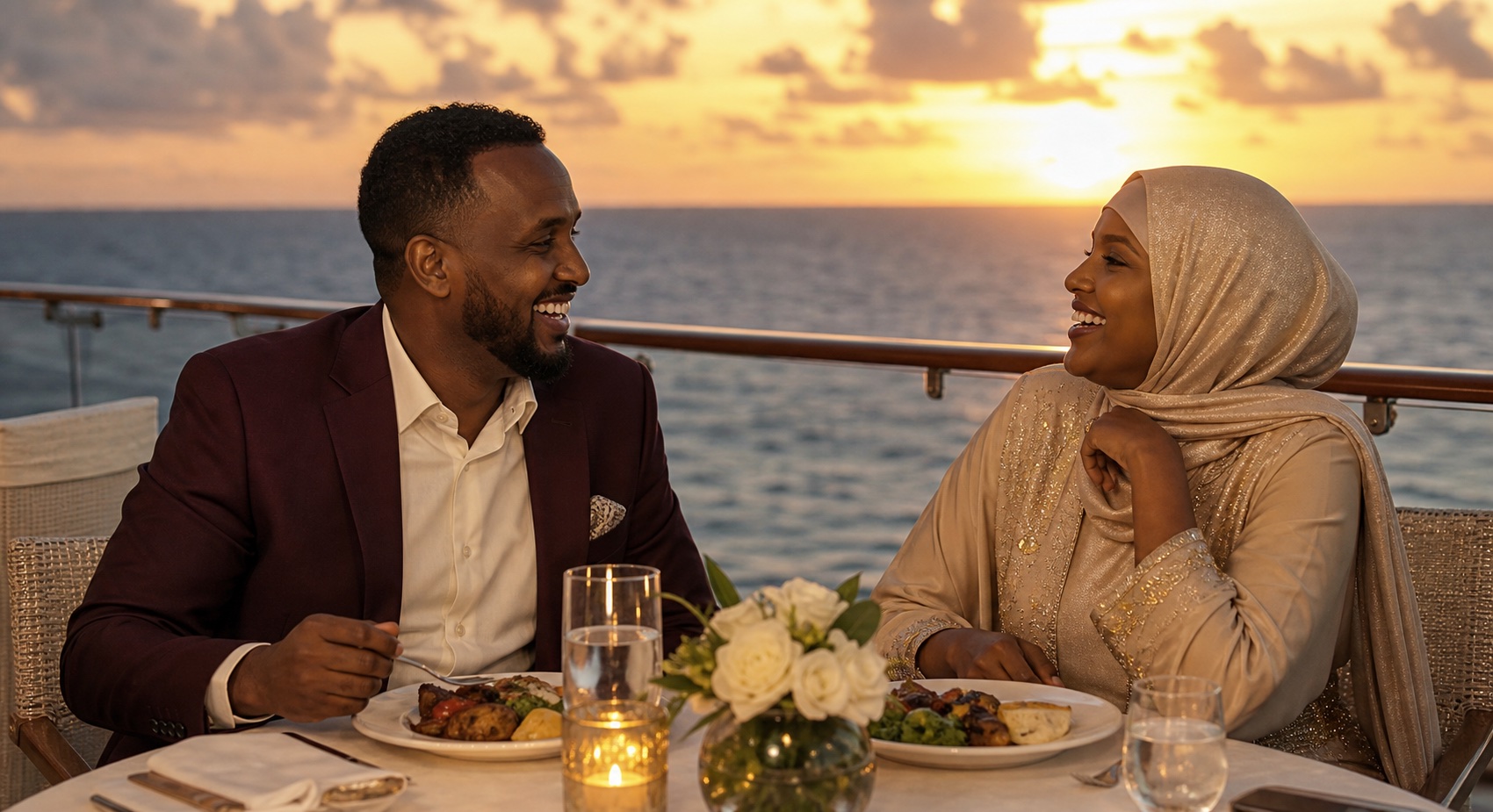 Somali husband and wife enjoying an elegant dinner together at sea