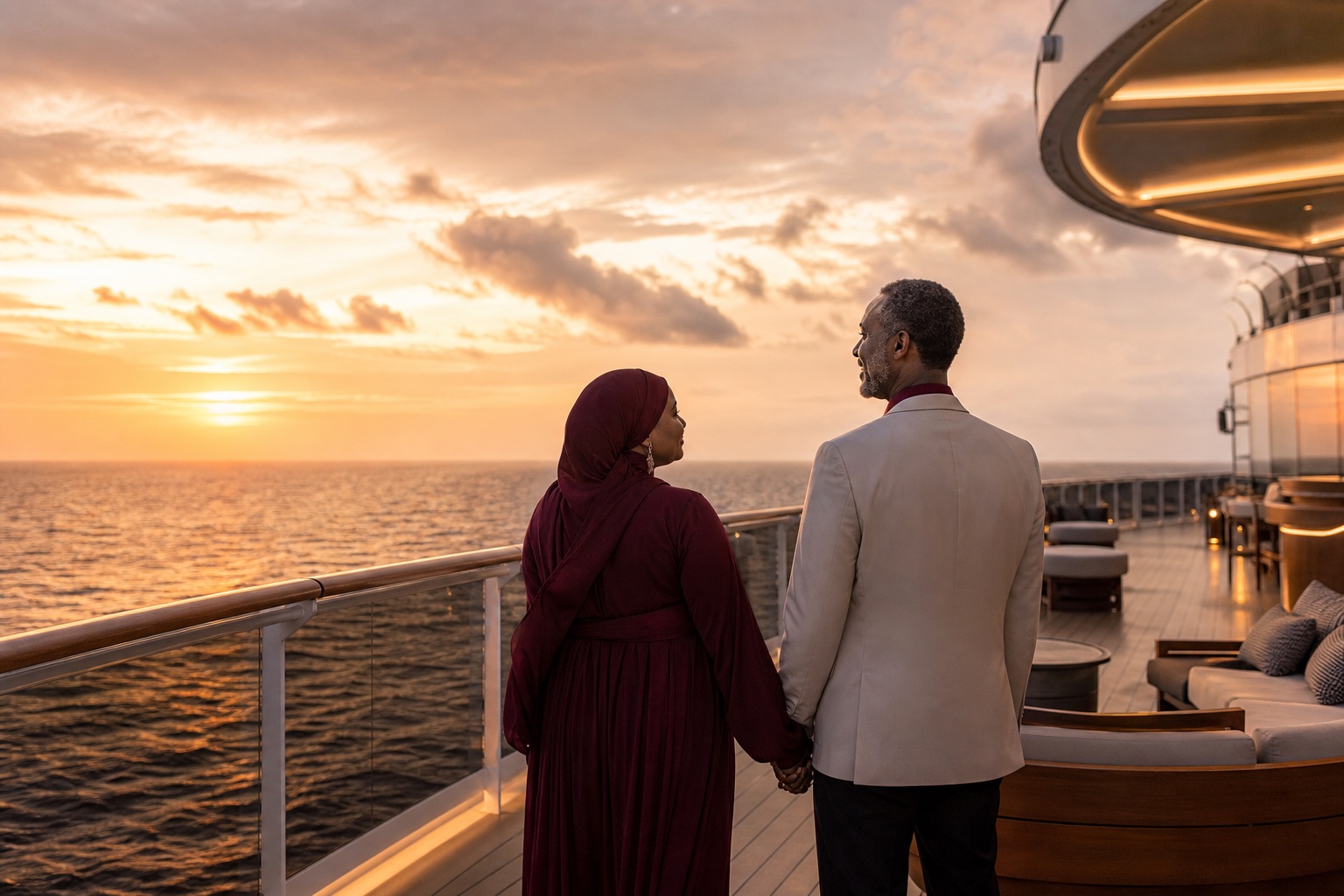 Somali husband and wife holding hands on a cruise deck at sunset