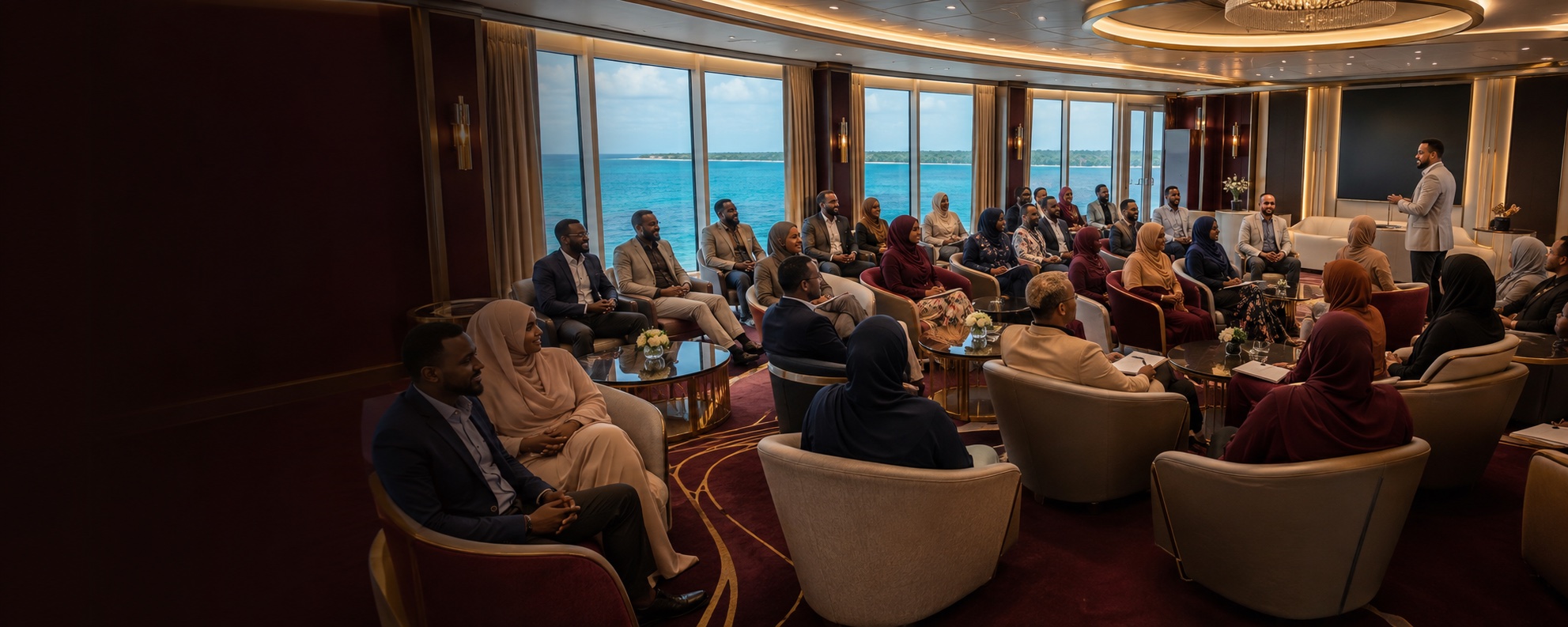Somali married couples learning together with a relationship expert inside a luxury cruise lounge