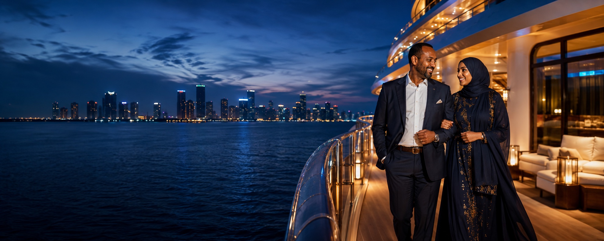 Elegant Somali married couple walking together on a luxury cruise deck at blue hour