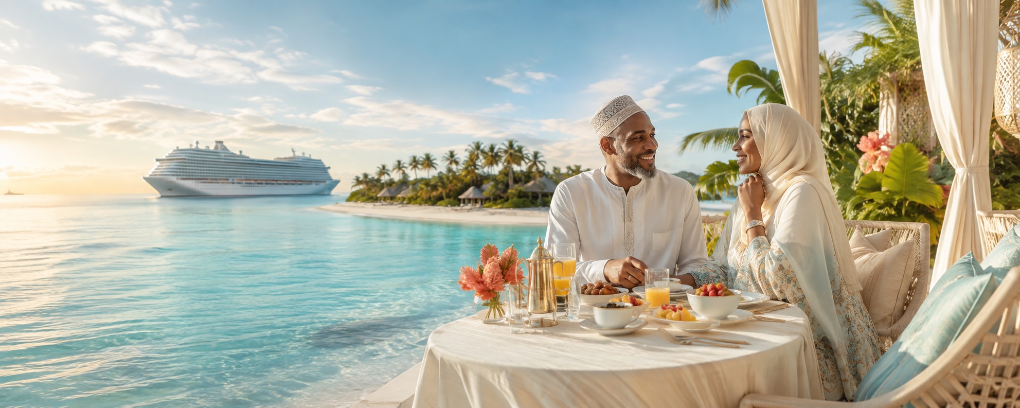 Somali husband and wife sharing breakfast beside turquoise Bahamas water and a cruise ship