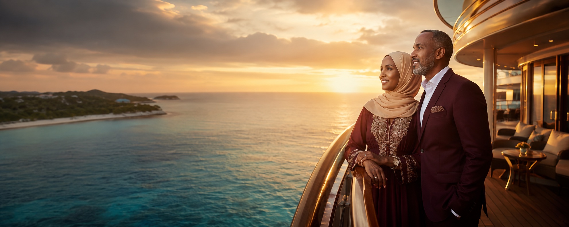 Somali husband and wife enjoying a golden Bahamas sunset from a luxury cruise deck