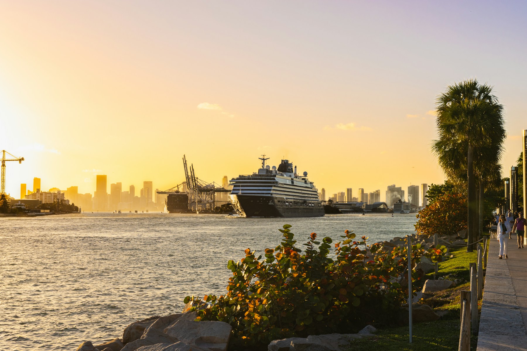 Cruise ship departing Florida at sunset