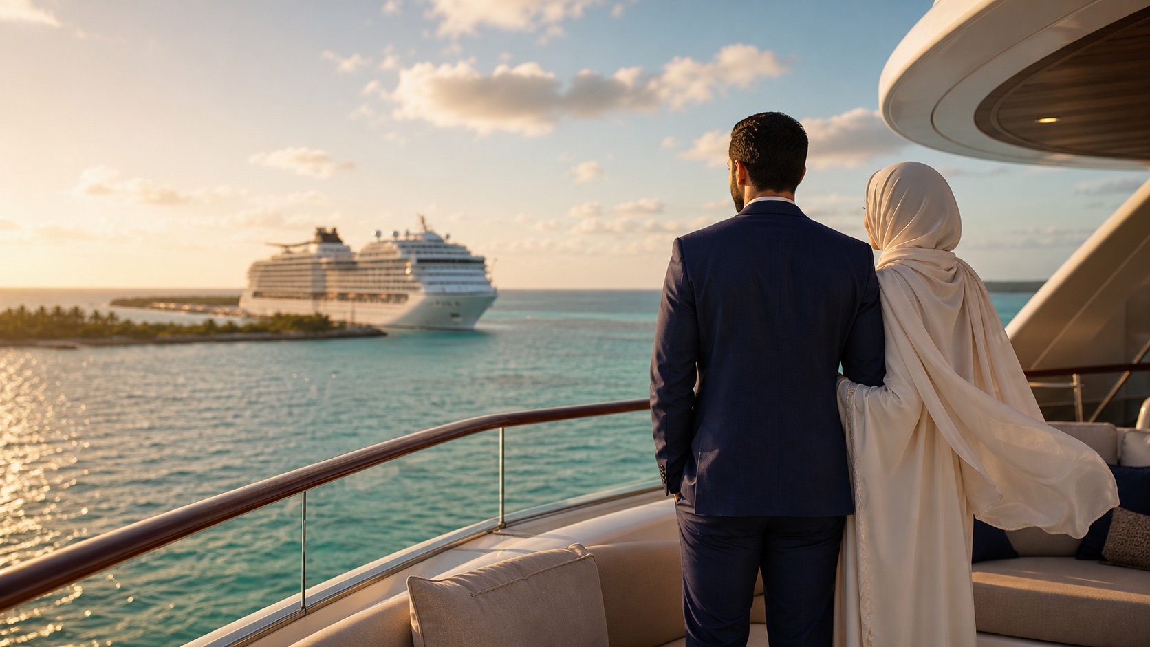 A married Muslim couple overlooking the Bahamas and a luxury cruise ship