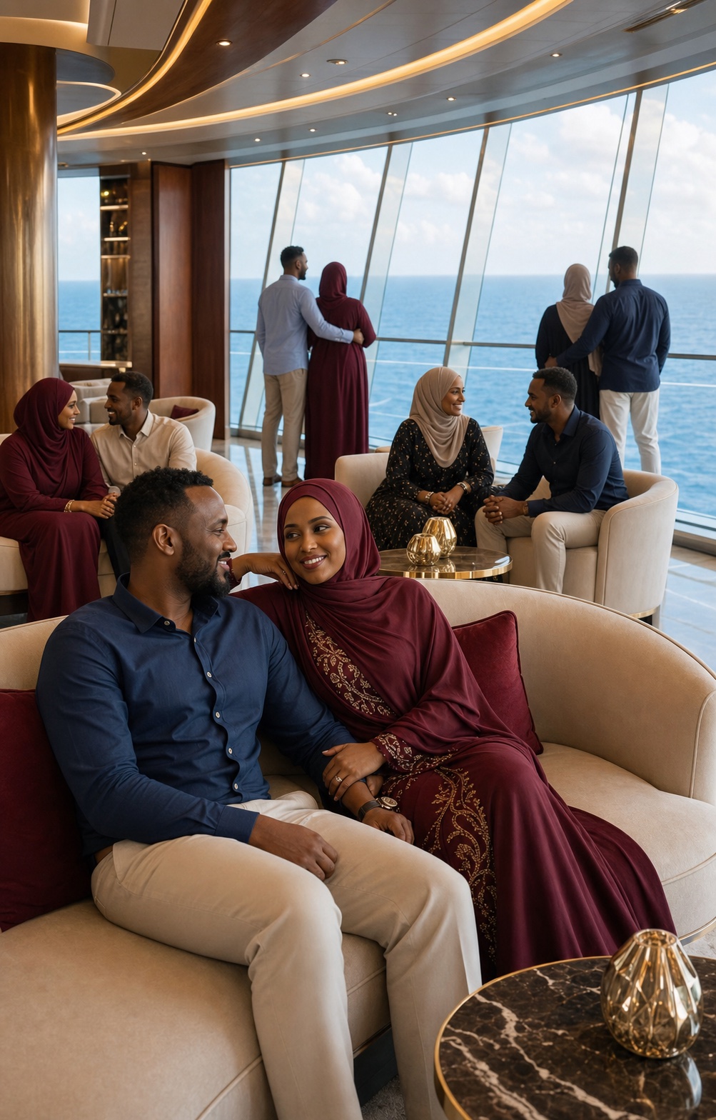 Somali married couples relaxing, talking and looking at the sea inside a luxury cruise lounge