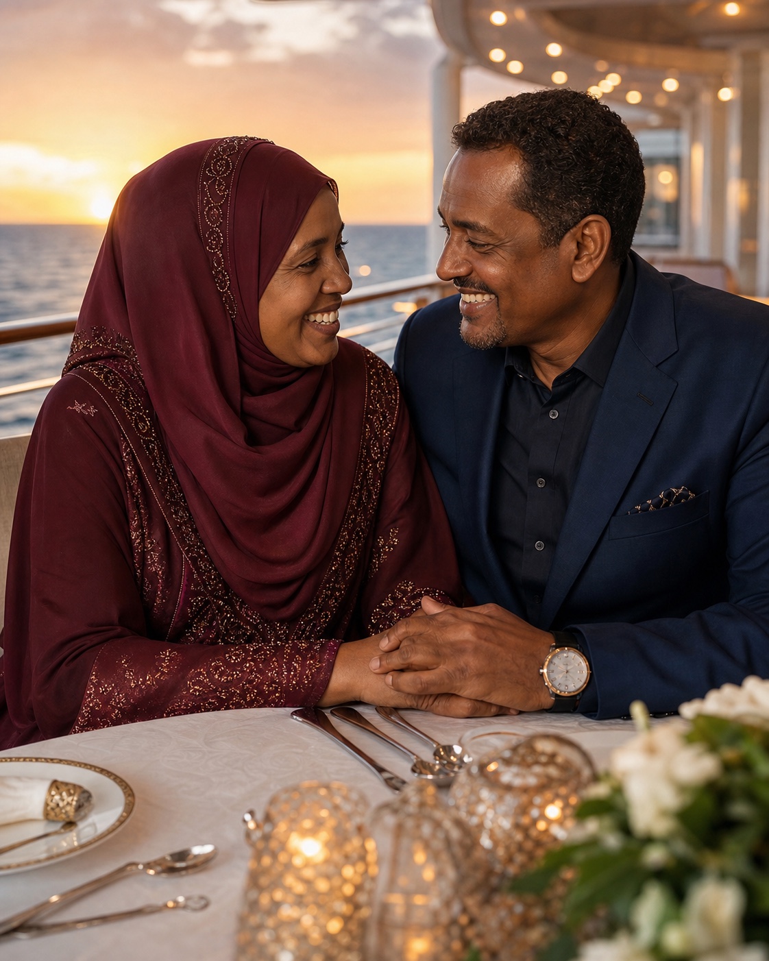 An extremely happy long-married Somali couple reconnecting over an elegant cruise dinner