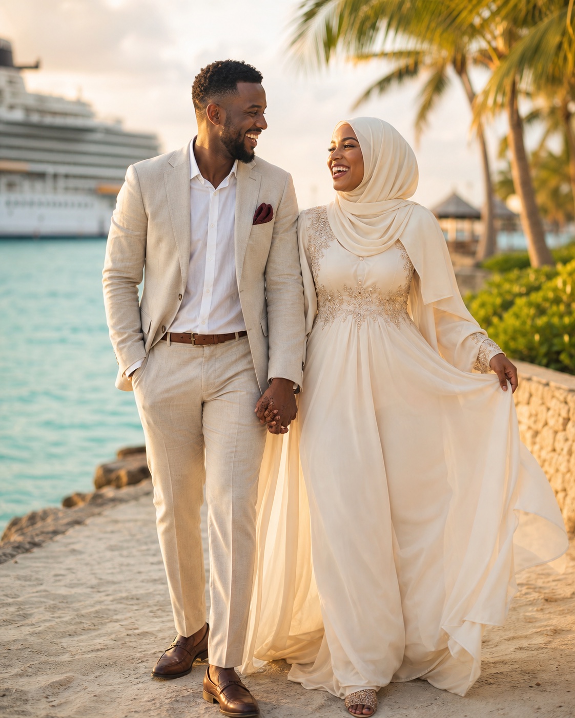 An extremely happy newly married Somali couple walking together beside the Bahamas ocean