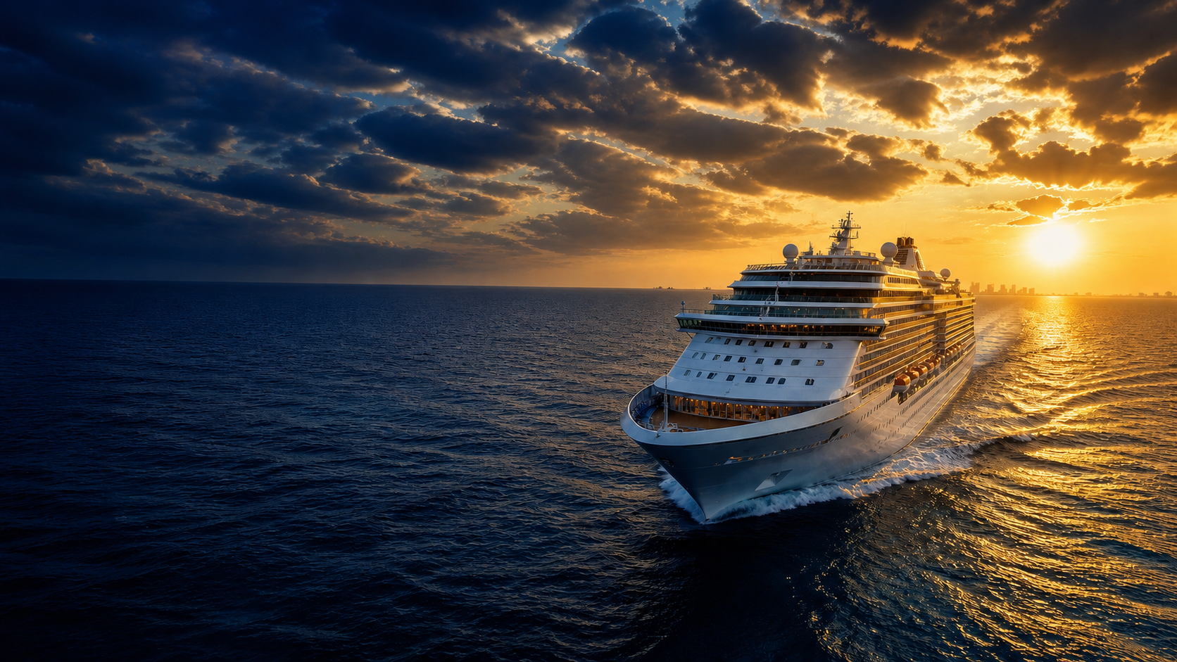 Luxury cruise ship sailing across the ocean at golden sunset